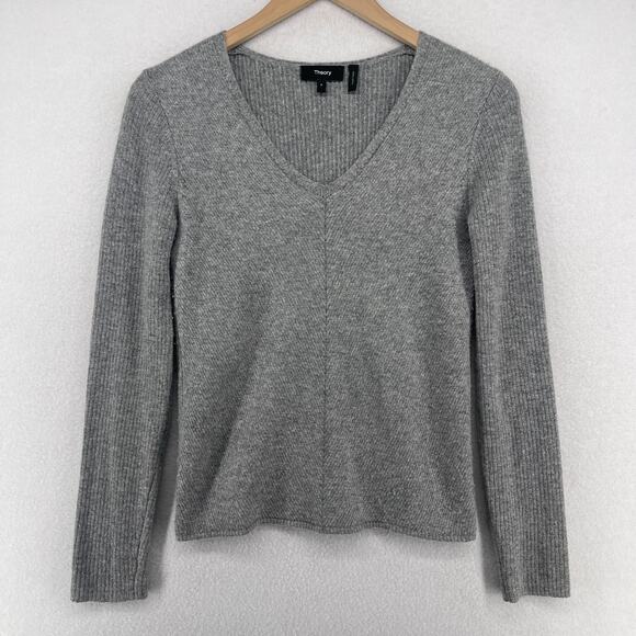 THEORY Sweater Womens Petite Cashmere V-Neck Ribbed Jumper Pullover Gray - Picture 1 of 12